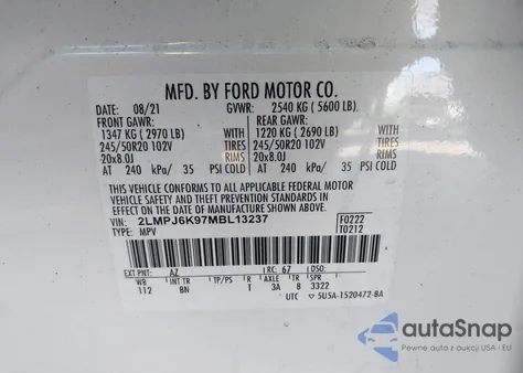 2021 Lincoln Nautilus Reserve z USA, uszkodzony, nr VIN 2LMPJ6K97MBL13237